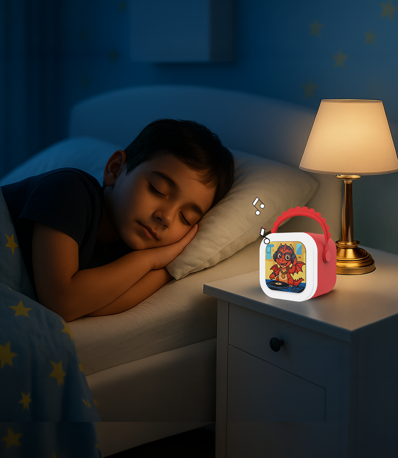 A child asleep beside StoryBox Mini