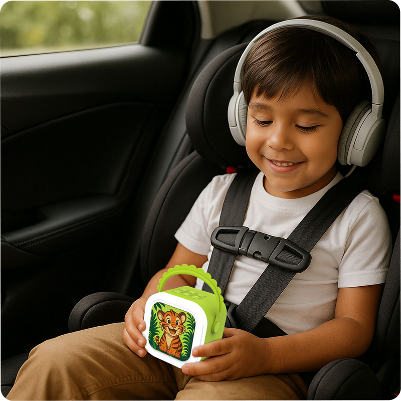 A child listening through headphones while travelling