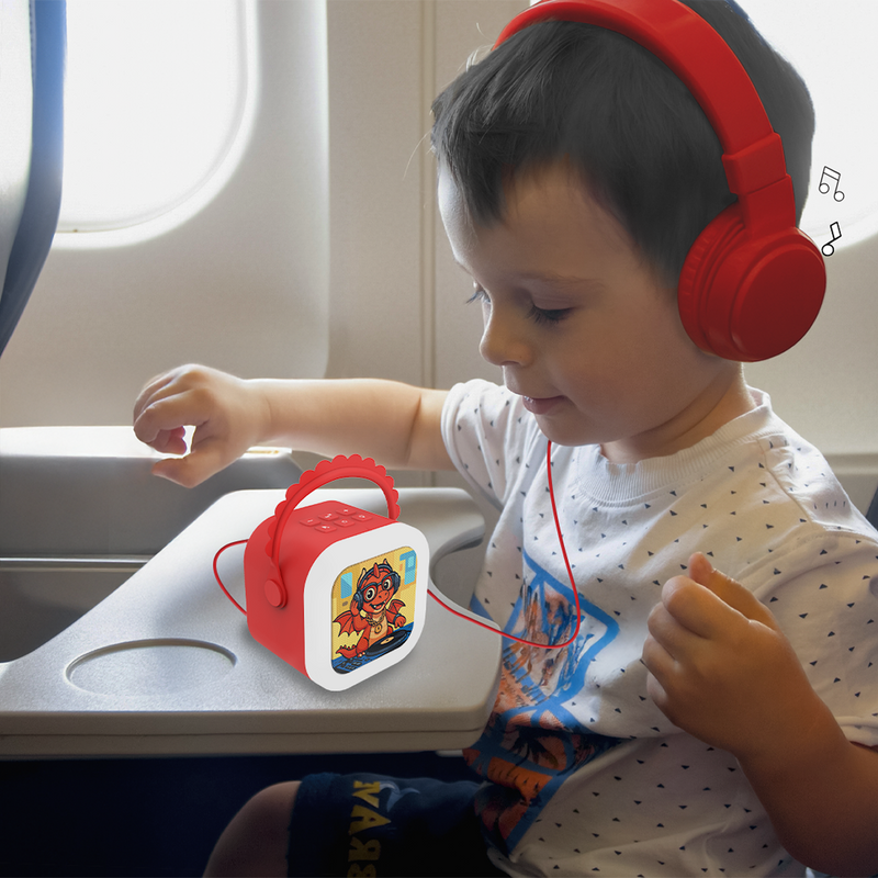A child listening through headphones while travelling