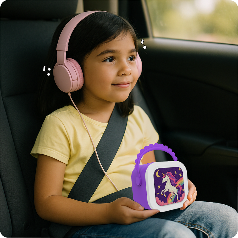 A child listening through headphones while travelling