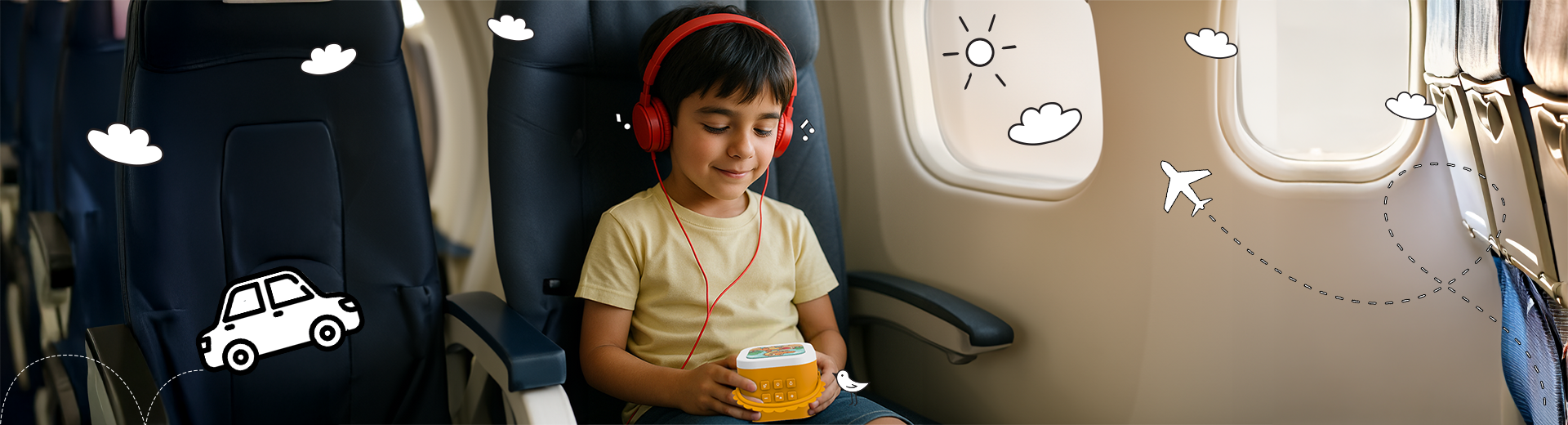 A child in an airplane seat, using headphones to listen to stories for kids on the Wonderbuddy audio storyteller, the perfect screen-free toy for travel.