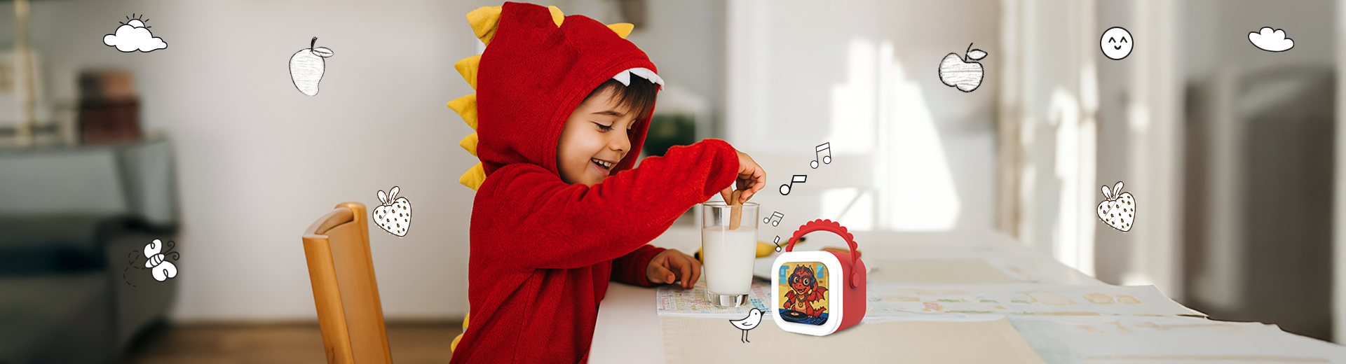 A child in a red dinosaur costume eats while listening to stories for kids on their Wonderbuddy audio storyteller