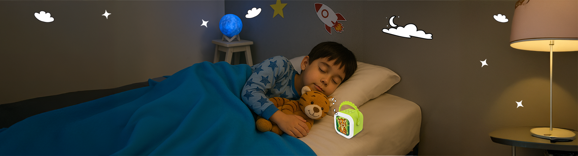 A child sleeping peacefully in bed with a teddy bear while listening to bedtime stories on the Wonderbuddy, which glows as a soft nightlight