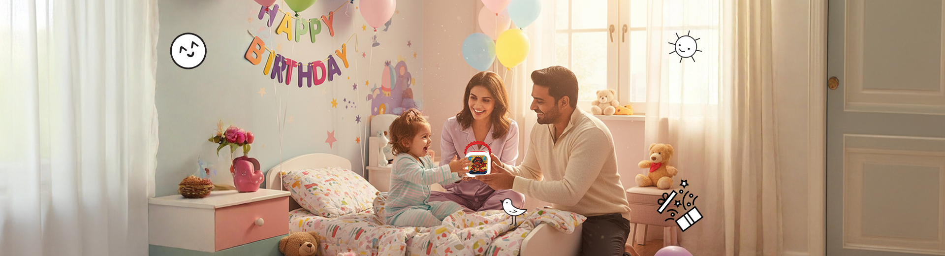  A happy family celebrating a child's birthday, with the new Wonderbuddy audio storyteller as a gift