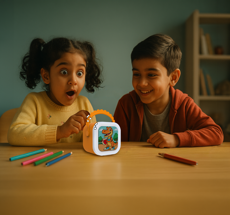 Two children playing together with StoryBox Mini